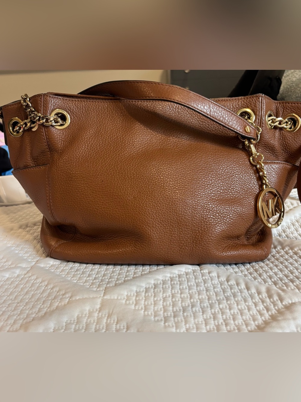 Michael Kors Tan Leather Shoulder Tote with Gold Chain Straps